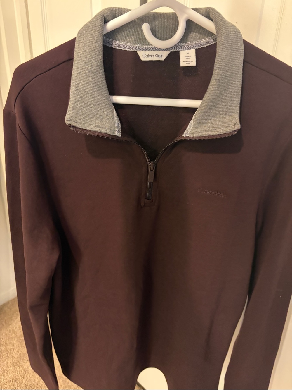 Calvin Klein Men's Brown Half-Zip Sweater with Grey Collar